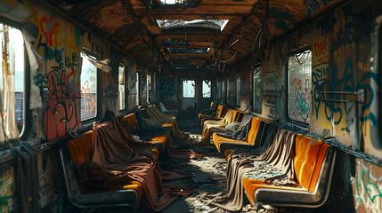 A desolate, graffiti-covered train car with tattered blankets hanging from the windows.
