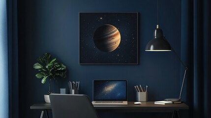 Jupiter planet artwork in dark blue home office.