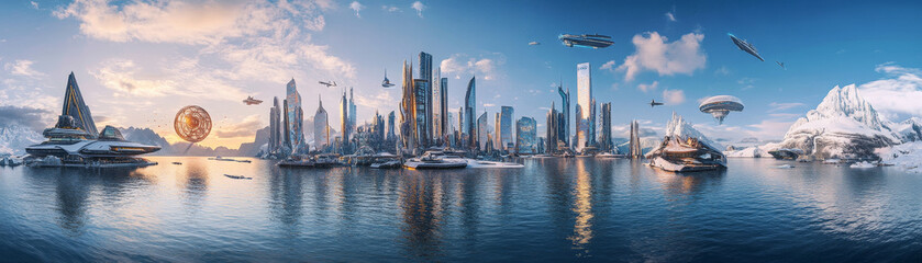 Naklejka premium Futuristic Cityscape with Advanced Technology and Scenic Waterfront
