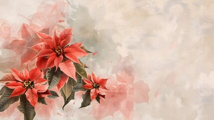 A vibrant illustration of poinsettia flowers against a soft, abstract background.