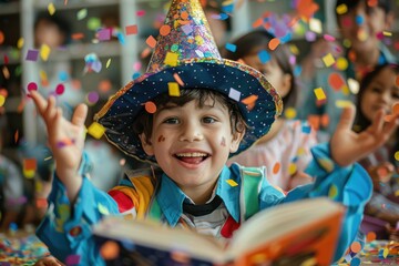 A joyful child in a wizard hat surrounded by colorful confetti, celebrating with friends at a lively party.