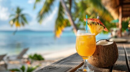 Refreshing tropical drink served in a coconut with pineapple garnish, set against a sunny beach backdrop with palm trees.