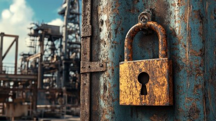 A strong, weathered padlock on a storage container, symbolizing robust protection and strength, with an industrial background of steel structures and machines