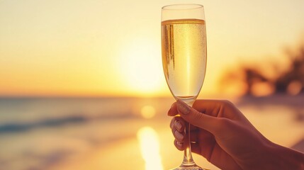 Woman with glitter nail polish holding a glass of champagne at sunset on a tropical beach, celebrating a special moment with a luxury drink