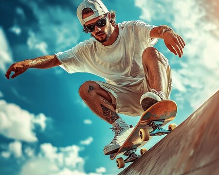 A young Caucasian man performs a skateboard trick against a vibrant blue sky.
