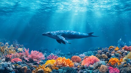 Fototapeta premium A serene underwater scene featuring vibrant coral reefs and a majestic animal swimming.