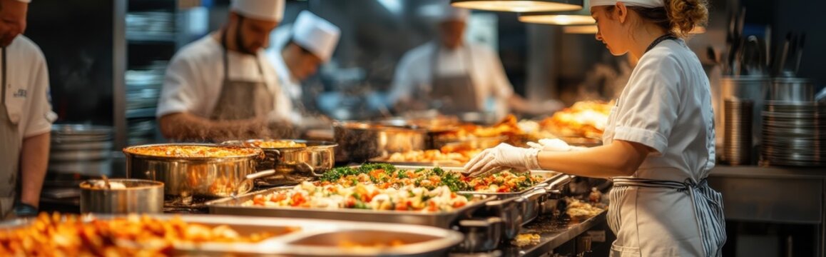 Professional chefs in uniforms work together preparing colorful dishes in a lively, bustling restaurant kitchen environment.
