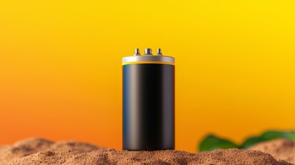 battery voltage durability concept. Battery on sand with a vibrant sunset background.