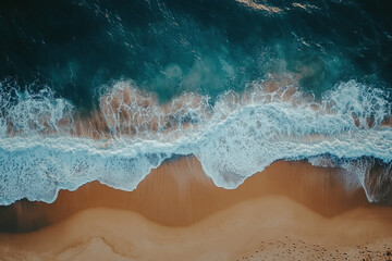 aerial perspective of ocean waves meeting a sandy beach