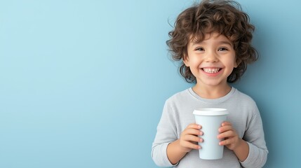 Happy child holding a disposable paper cup and smiling with a light blue background, exuding joy, ideal for beverage and children's product promotions