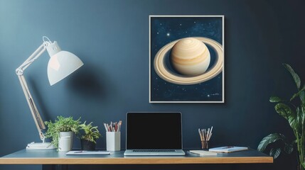 Saturn artwork on desk, home office decor.