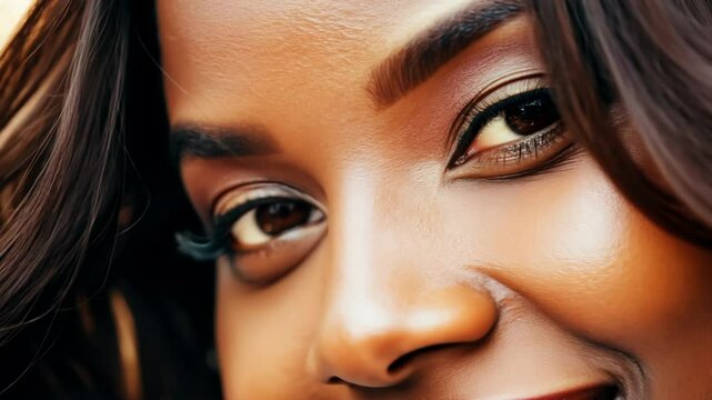 Extreme close-up portrait of smiling black woman with beautiful eyes and flawless skin.