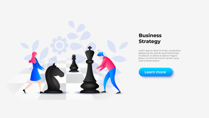 Businesspeople developing business strategy moving giant chess pieces on a chessboard