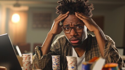 Frustrated young african american gambler feeling stressed after losing money while playing poker on his laptop, with empty chip stacks around him
