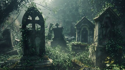 A desolate graveyard filled with ancient, weathered tombstones and overgrown with vines.