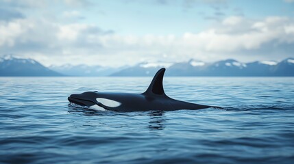 Fototapeta premium A majestic orca swims gracefully in tranquil blue waters surrounded by stunning landscapes.