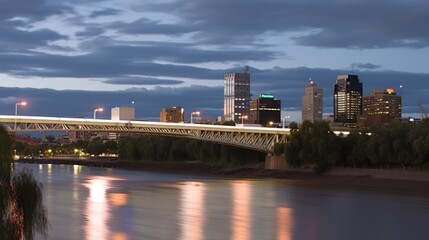 Fototapeta premium A city skyline at dusk with a bridge over a river, showcasing urban architecture and lights.
