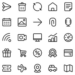 Collection of Basic Essential Related Vector Line Icons. Contains Icons like Arrow, Trash Can, Graph, Credit Card and more. Editable stroke. 48x48 pixels