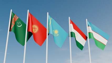 flags of Central asian in the sky 3d illustration image