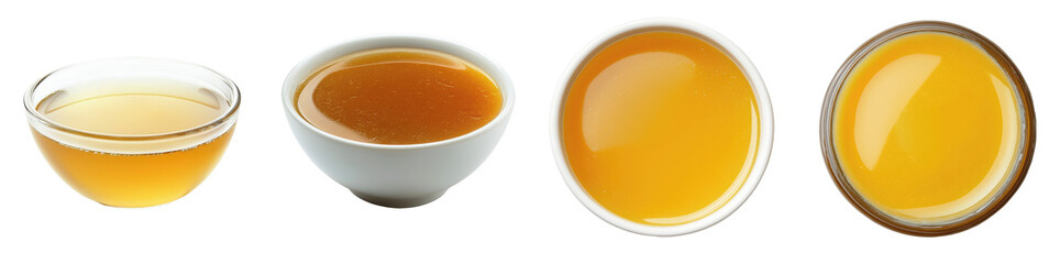 Golden Honey in Bowls Jars Sweet Viscous Food Dessert Culinary Breakfast Snack Ingredient Texture on transparent background