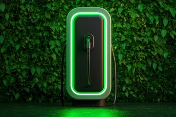 Futuristic electric vehicle charging station with vibrant green lighting.