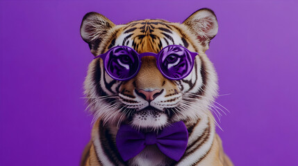 Stylish tiger wearing round glasses and bowtie against a bright purple background, showcasing an artistic and creative concept perfect for modern design themes