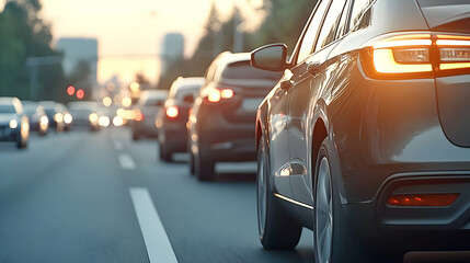 Traffic jam on a major highway during rush hour. Lines of cars. The city's severe auto traffic congestion