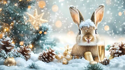Obraz premium Adorable bunny with snow on its head next to a champagne glass, golden decorations, and snow-covered pinecones, festive glowing background with bokeh lights, perfect for New Year and Christmas greetin