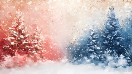 Obraz premium Artistic snowy landscape with red and blue frosted Christmas trees, abstract snowfall, soft beige and blue gradient background, festive winter atmosphere, ideal for New Year and Christmas greeting car