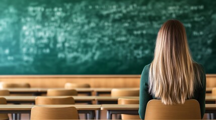Contemplative young woman with long blond hair sitting in a classroom, facing a chalkboard covered with complex mathematical equations, exuding intense focus