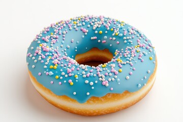 A blue-frosted donut covered in colorful sprinkles sits on a white background.