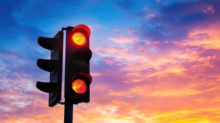 Red Traffic Light Against a Stunning Colorful Sunset Sky