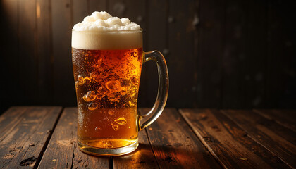 Chilled beer mug with festive mood on wooden background with copy space