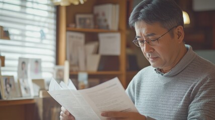 Professional HR manager analyzing papers in cozy space, warm and inviting setting. Middle aged man hr manager
