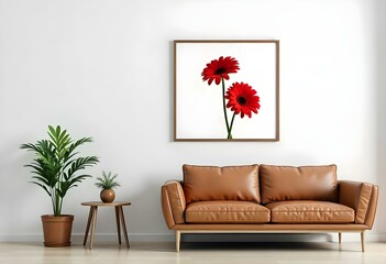 A modern living room with a brown leather sofa, a potted plant, and a framed artwork on the wall featuring two red gerbera daisy flowers