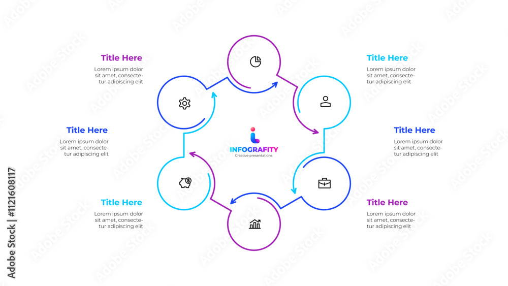 Poster outline infographic circular diagram for business presentations with 6 steps or options. hexagon cyc