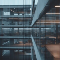 Sleek and Modern Office Building Exterior Reflected in Glass Windows