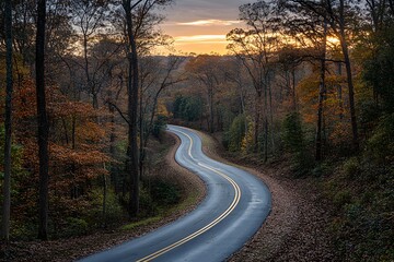 Fototapeta premium Winding Road Through Autumn Woods: A picturesque winding road snakes through a vibrant tapestry of autumnal foliage, bathed in the golden glow of a setting sun.
