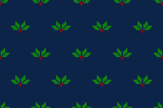 Seamless navy blue background with pixel art holly leaves and red berries design, perfect for Christmas-themed textiles, wrapping paper, festive patterns, and holiday decorations