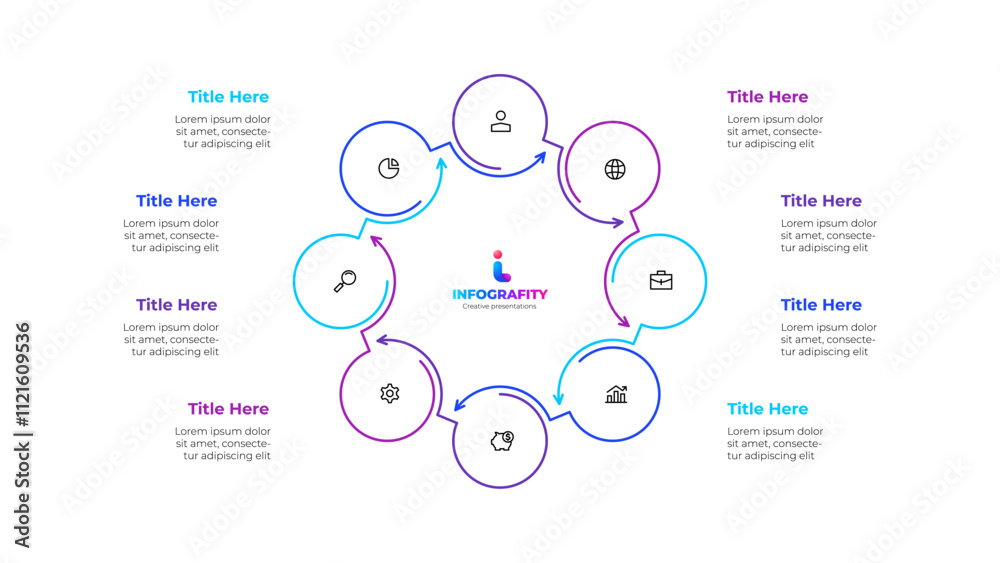 Poster Outline Infographic circular diagram for business presentations with 8 steps or options. Octagon cycle chart