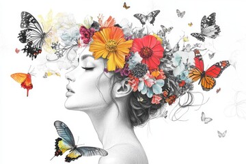 girl with butterfly on white