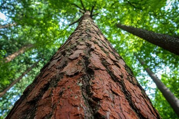 Cedar tree trunk with deep red bark, standing tall in a forest