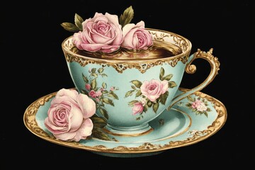 cup of tea with roses design on black