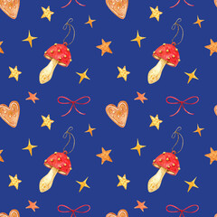 Pattern for New Year and Christmas. Patern with Christmas decorations isolated on a blue background. Watercolor illustration: sock, gift, ribbon, present, stars, candle, cookies.