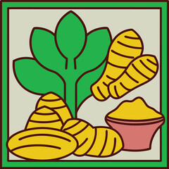 Vector illustration of fresh ginger root with slices and ginger powder, perfect for culinary, health, and organic spice-related designs and creative projects.



