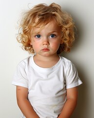 Naklejka premium Studio portrait mockup of toddler girl in plain white t shirt against a bright yellow background