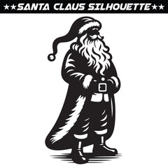 Santa Claus silhouette full of gifts and christmas tree. Merry christmas and Happy new year decoration. Vector on eps 10