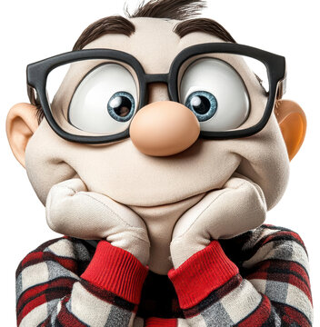 Friendly cartoon character with glasses and thoughtful expression