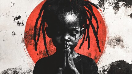 Sad young child with dreadlocks praying against a red circle grunge background.