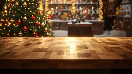 Warm wooden table with festive background decorations